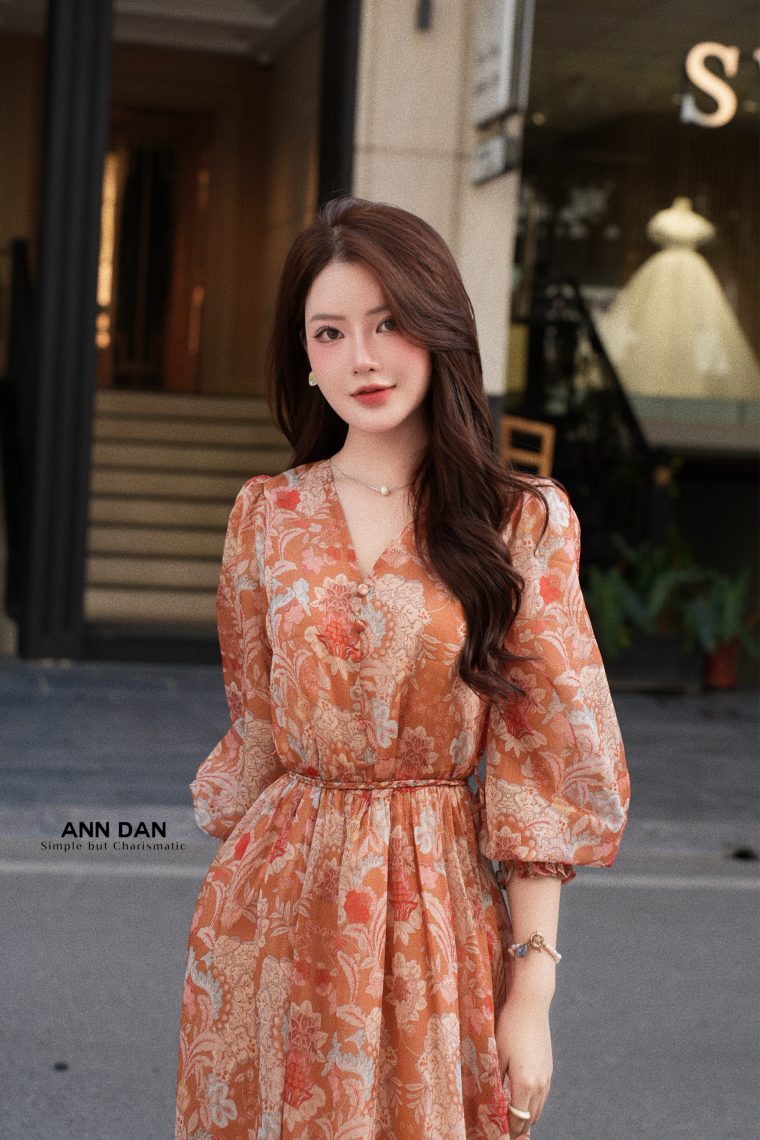 Đầm lụa tơ xước cam cổ tim cúc trai 4