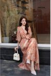 Đầm lụa tơ xước cam cổ tim cúc trai 4r
