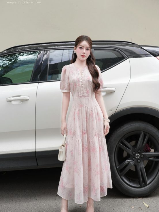 Đầm silk Nhật hồng ly ngực cúc trai chiết eo - M