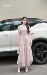 Đầm silk Nhật hồng ly ngực cúc trai chiết eo - M