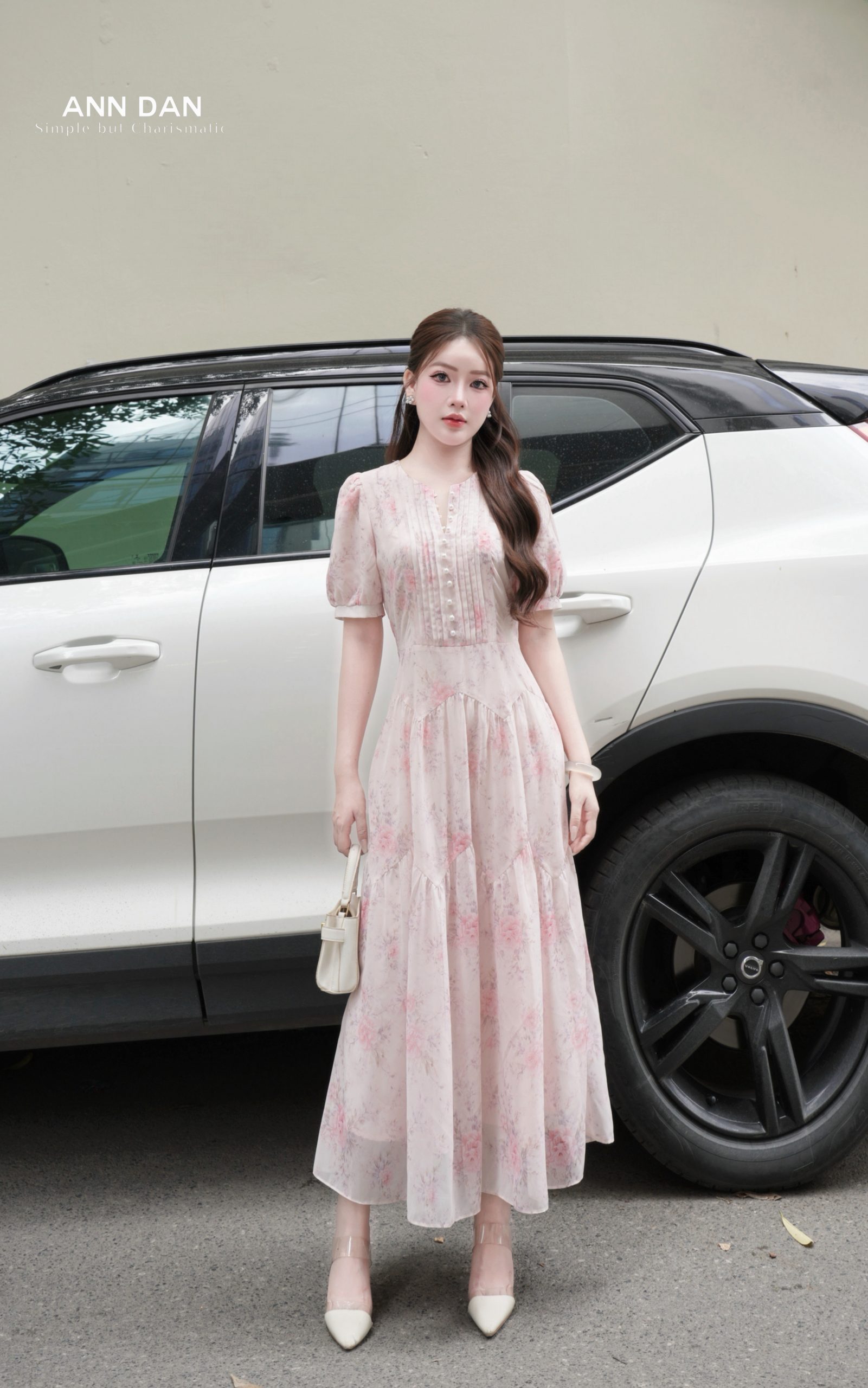 Đầm silk Nhật hồng ly ngực cúc trai chiết eo