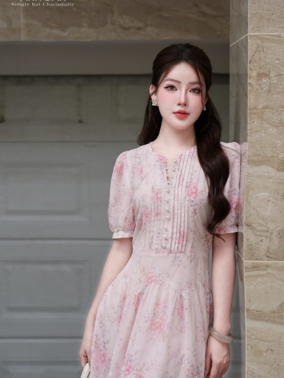 Đầm silk Nhật hồng ly ngực cúc trai chiết eo - 4