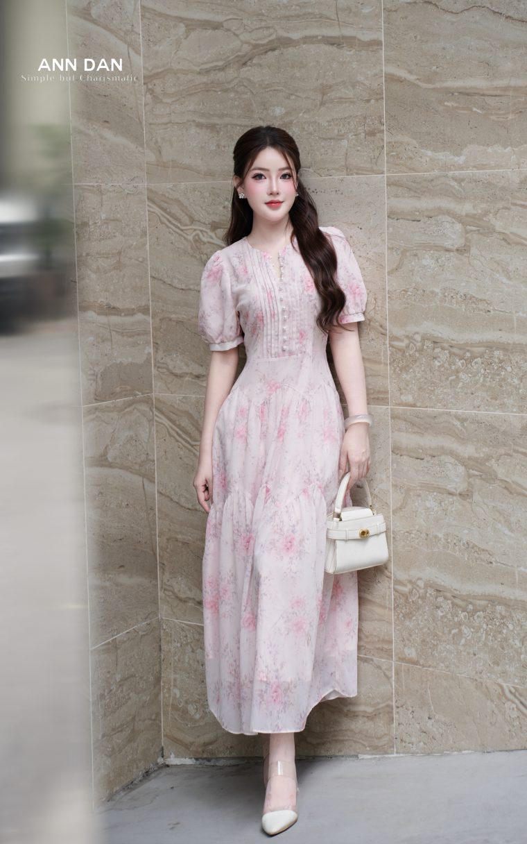 Đầm silk Nhật hồng ly ngực cúc trai chiết eo - 5