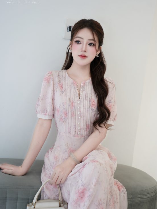 Đầm silk Nhật hồng ly ngực cúc trai chiết eo