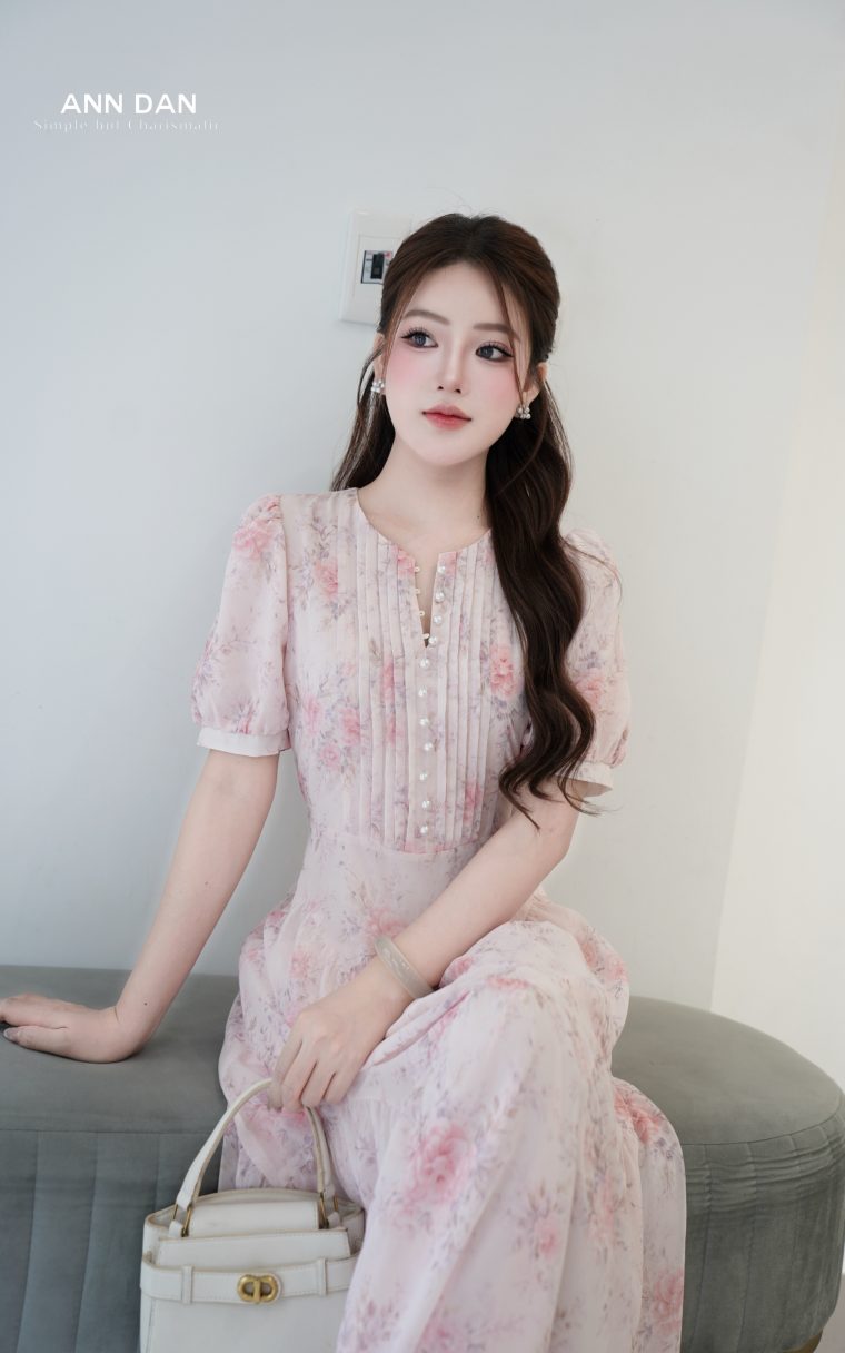 Đầm silk Nhật hồng ly ngực cúc trai chiết eo