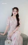 Đầm silk Nhật hồng ly ngực cúc trai chiết eo