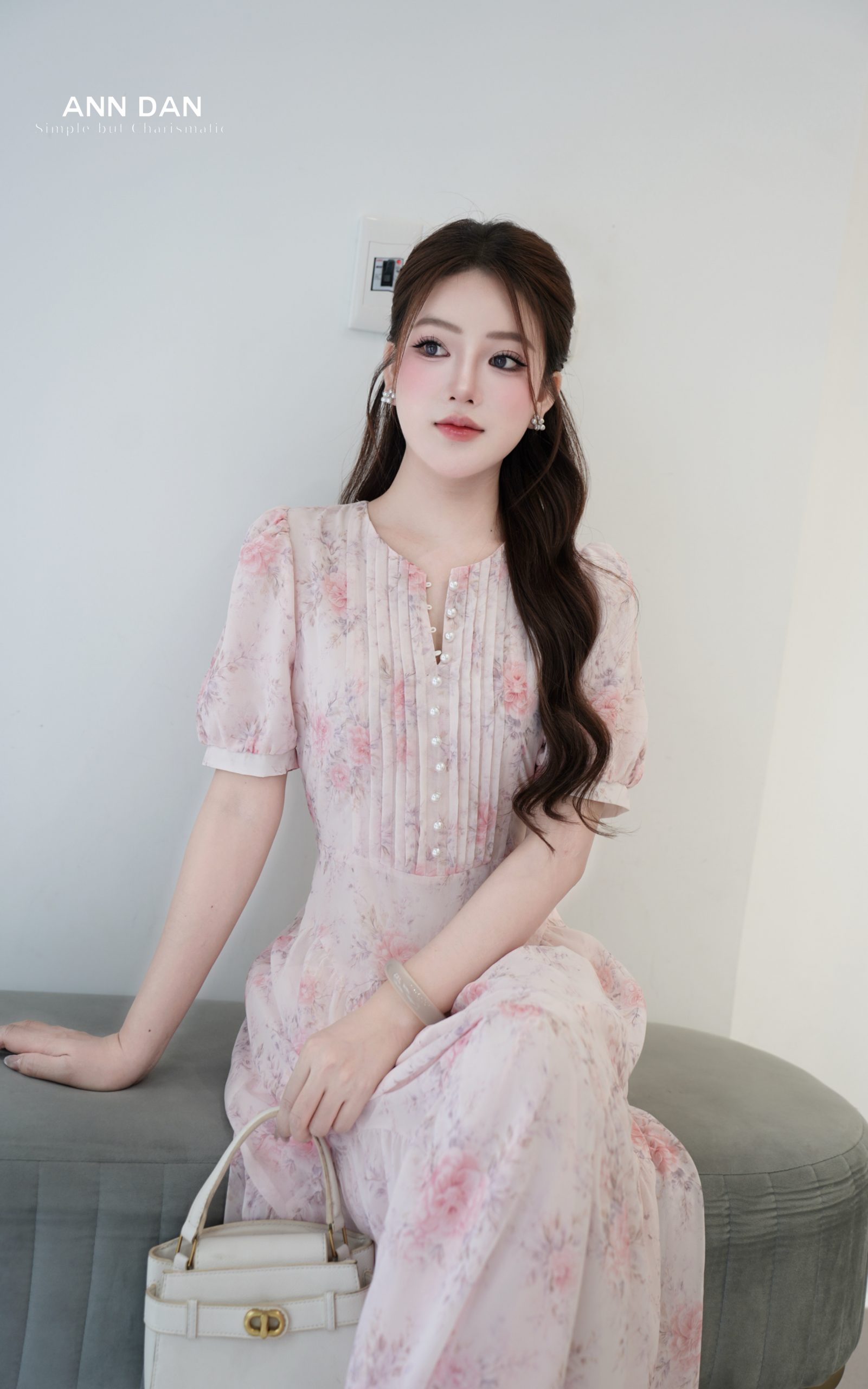 Đầm silk Nhật hồng ly ngực cúc trai chiết eo