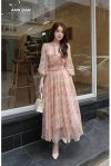 Đầm lụa tơ xước nhún cổ chun eo hoa cúc `