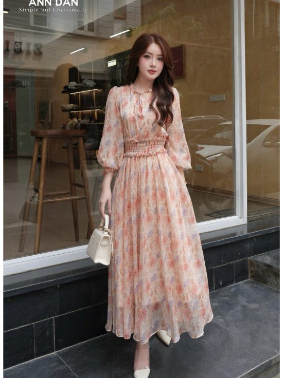 Đầm lụa tơ xước nhún cổ chun eo hoa cúc `