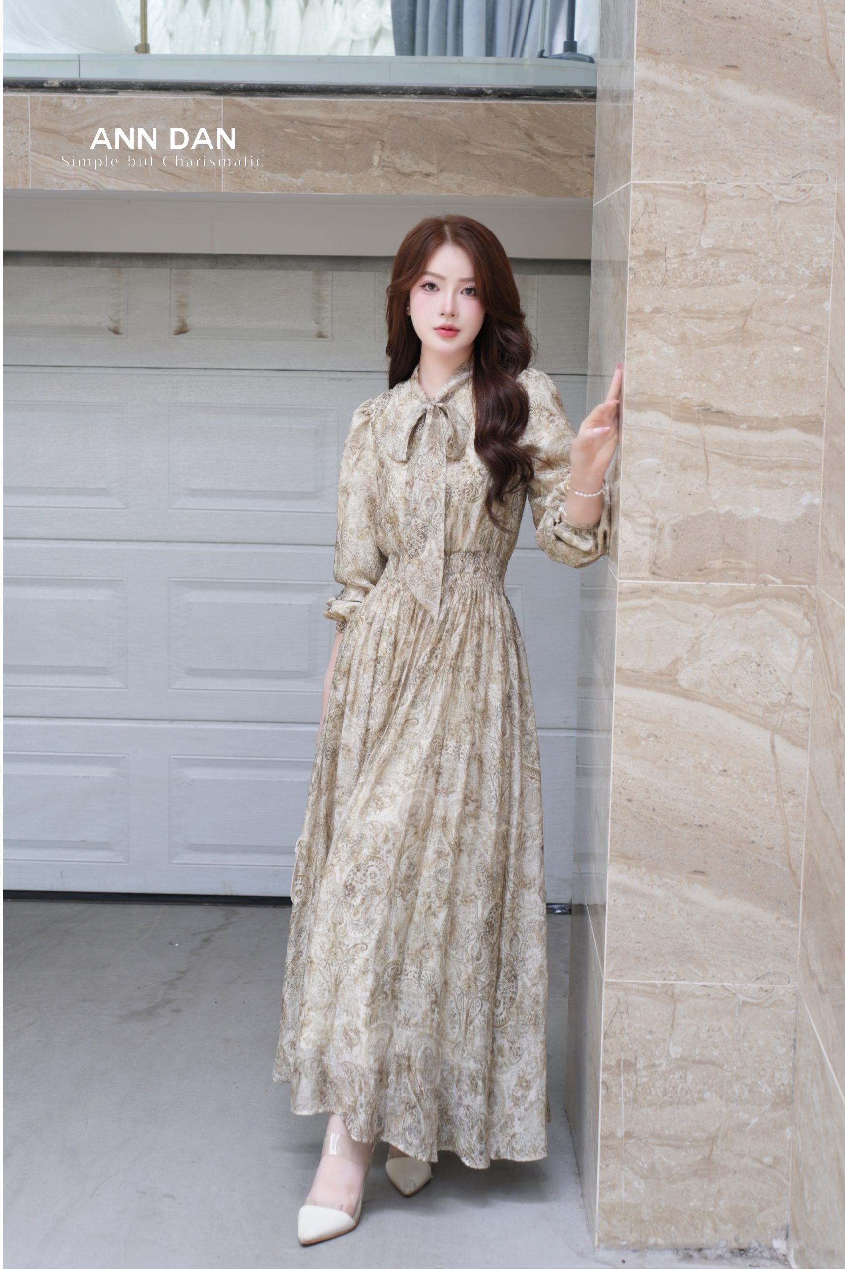 Đầm silk boil chun eo nơ cổ
