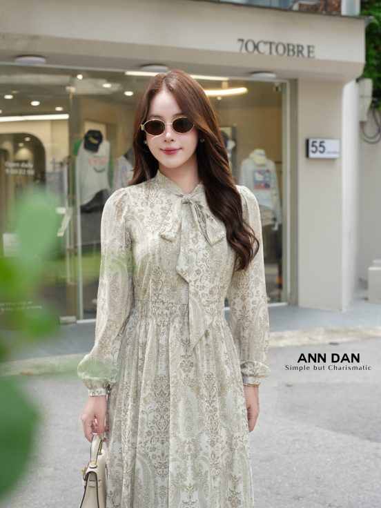 Đầm silk boil chun eo nơ cổ 1