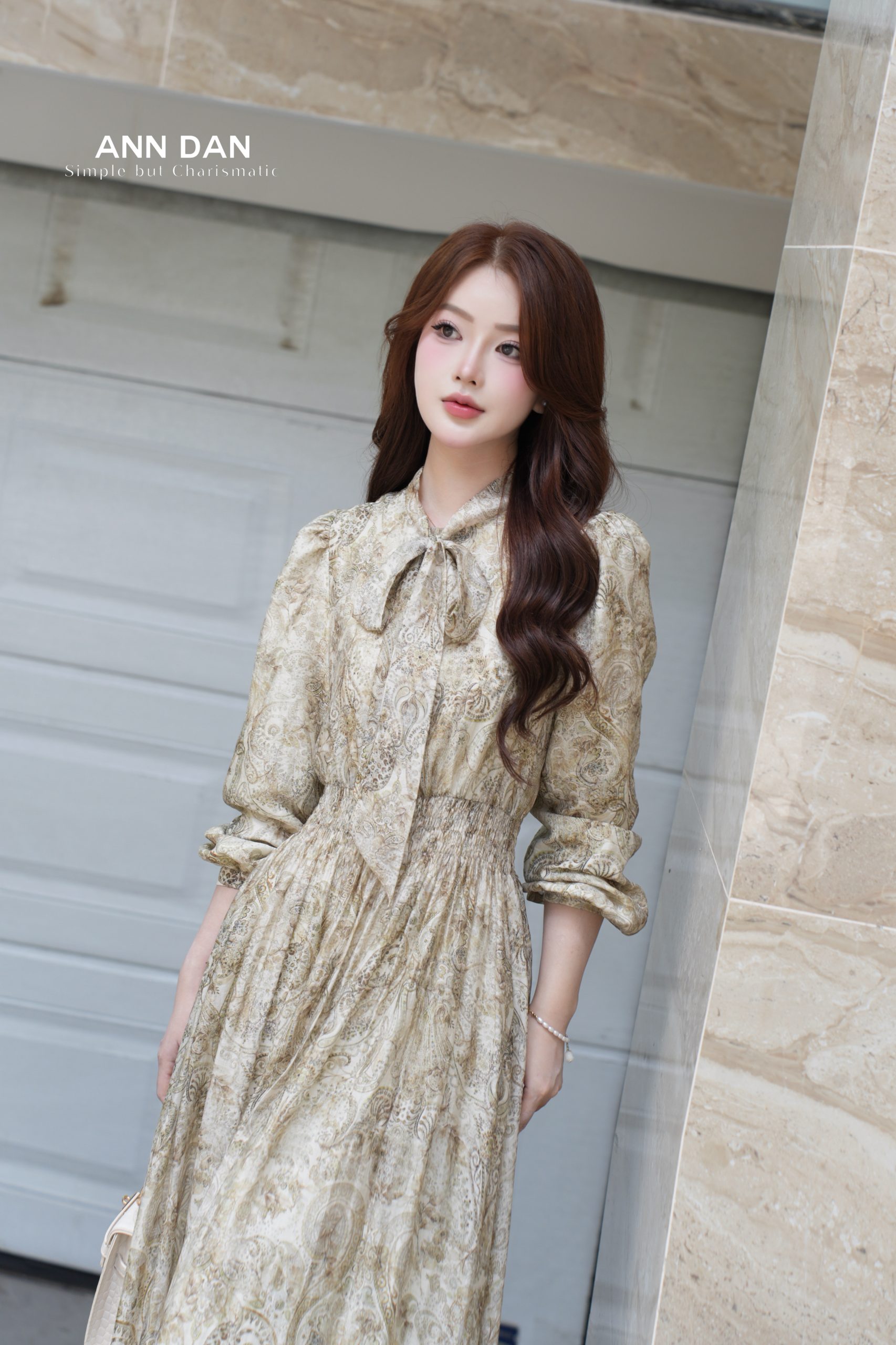 Đầm silk boil chun eo nơ cổ