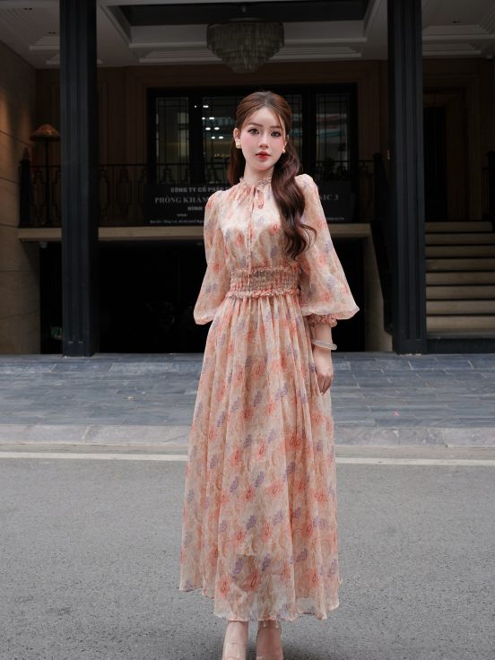 Đầm lụa tơ xước nhún cổ chun eo hoa cúc 1