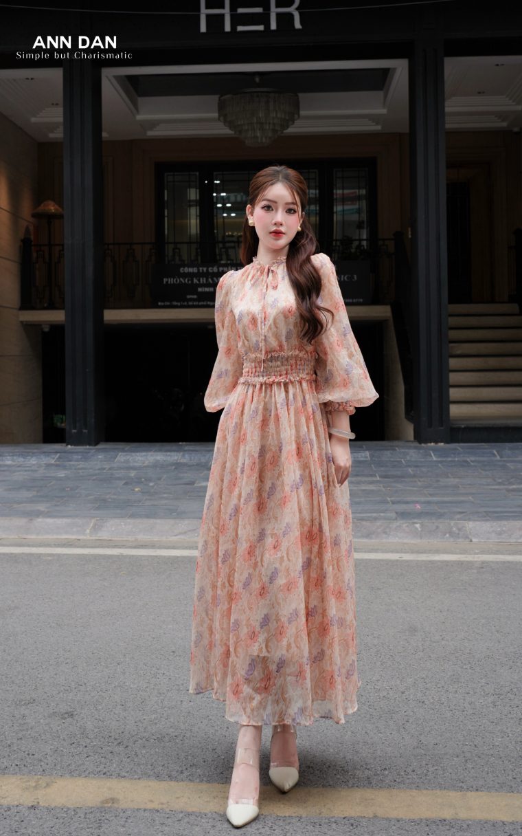 Đầm lụa tơ xước nhún cổ chun eo hoa cúc 1