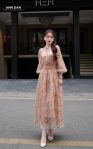 Đầm lụa tơ xước nhún cổ chun eo hoa cúc 1