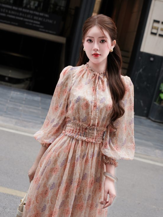 Đầm lụa tơ xước nhún cổ chun eo hoa cúc 2