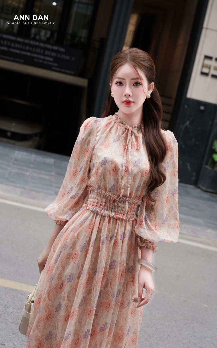 Đầm lụa tơ xước nhún cổ chun eo hoa cúc 2