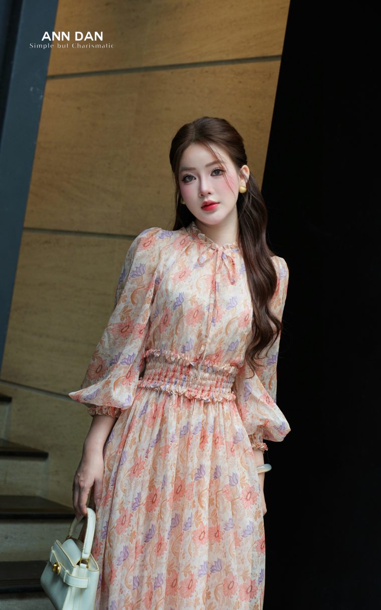Đầm lụa tơ xước nhún cổ chun eo hoa cúc 56