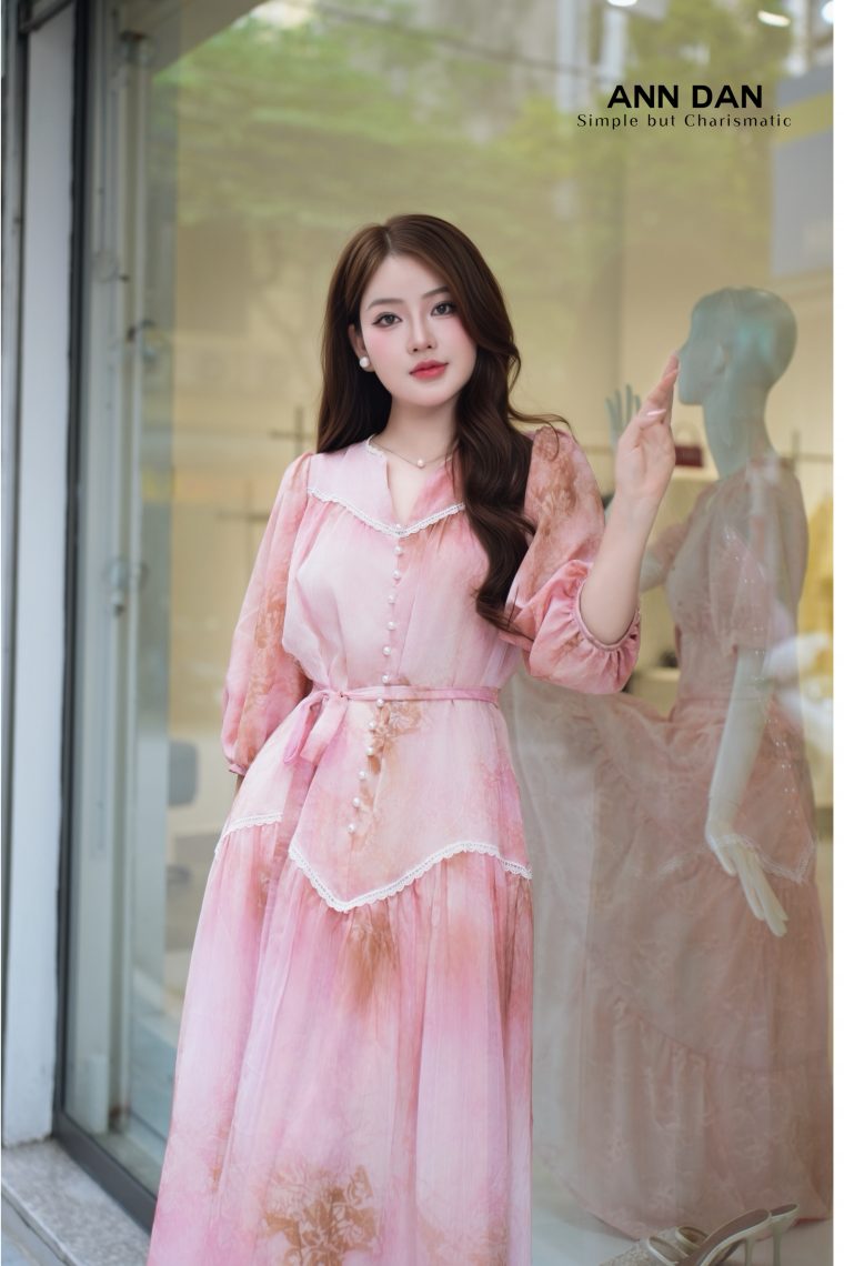 Đầm tơ hoa hồng phối ren - X5676