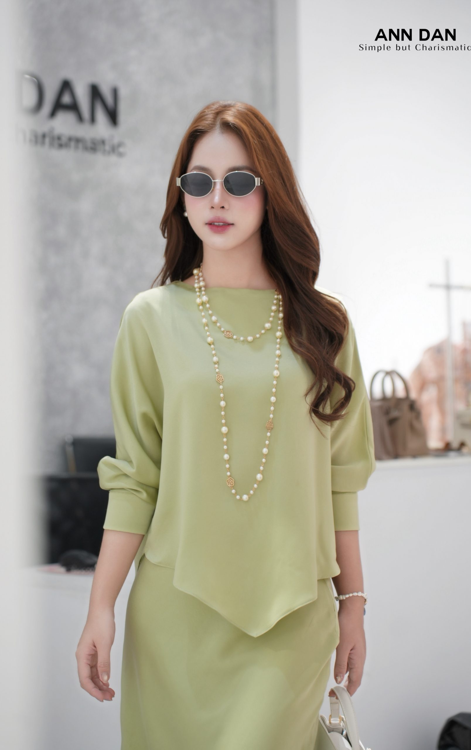 Set lụa ngọc trai xanh bơ