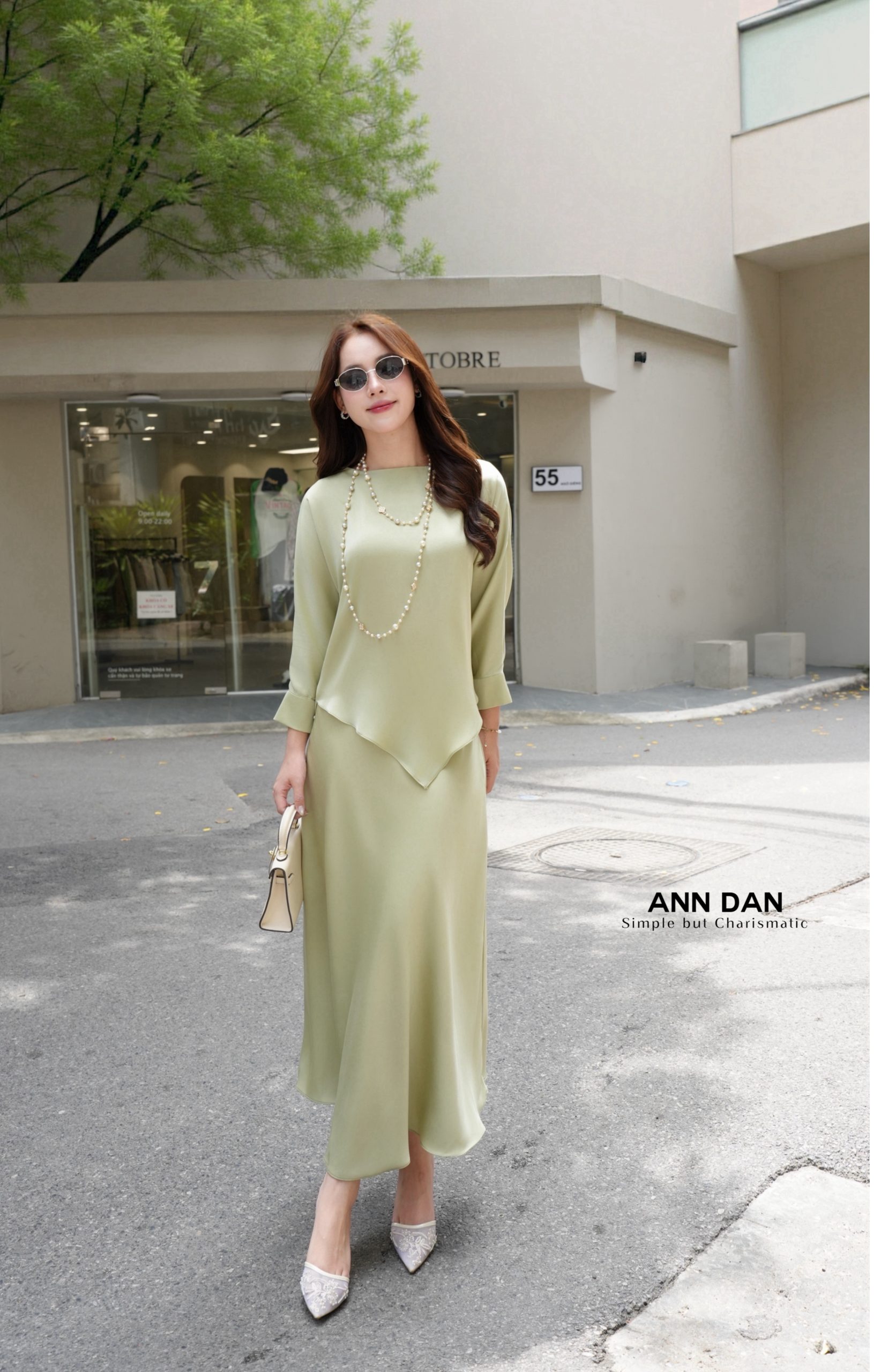 Set lụa ngọc trai xanh bơ