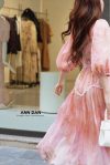 Đầm tơ hoa hồng phối ren - X