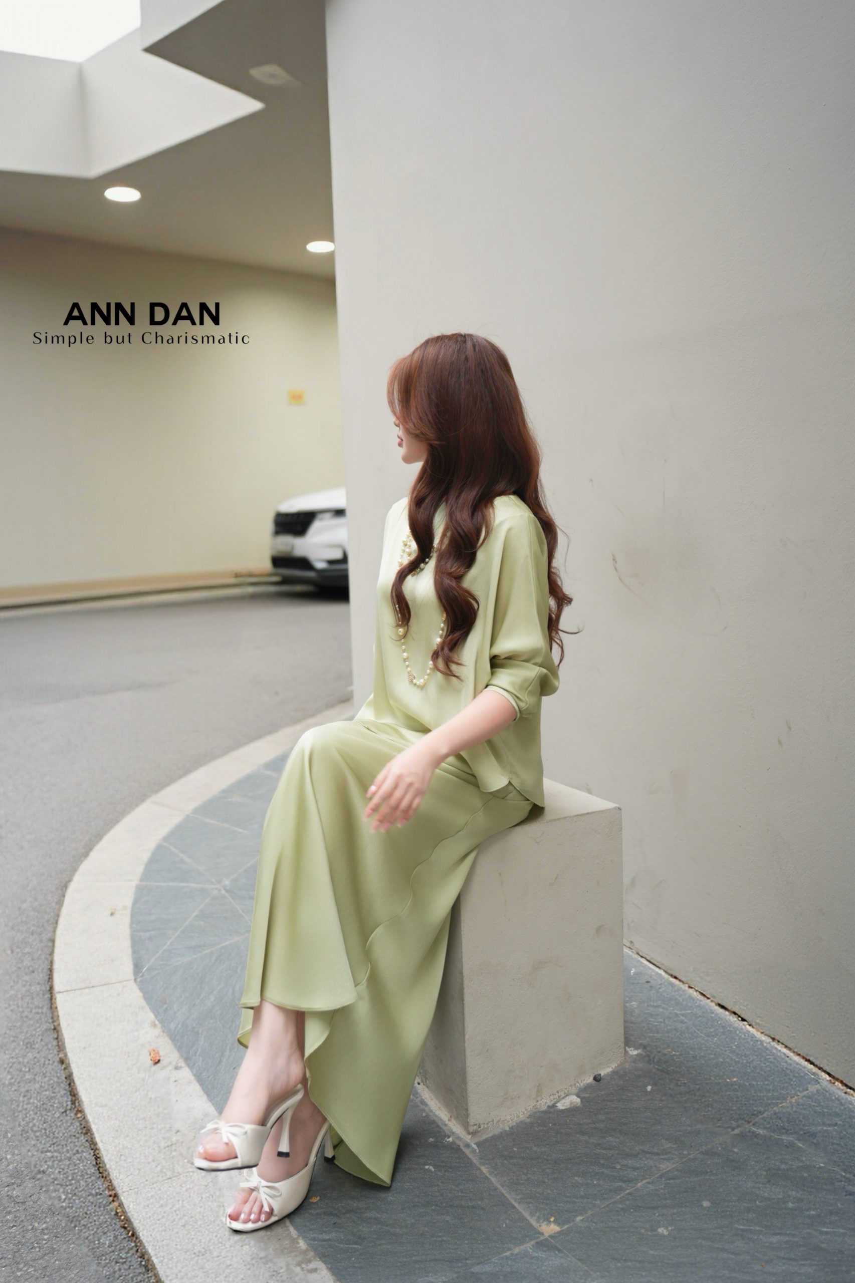 Set lụa ngọc trai xanh bơ