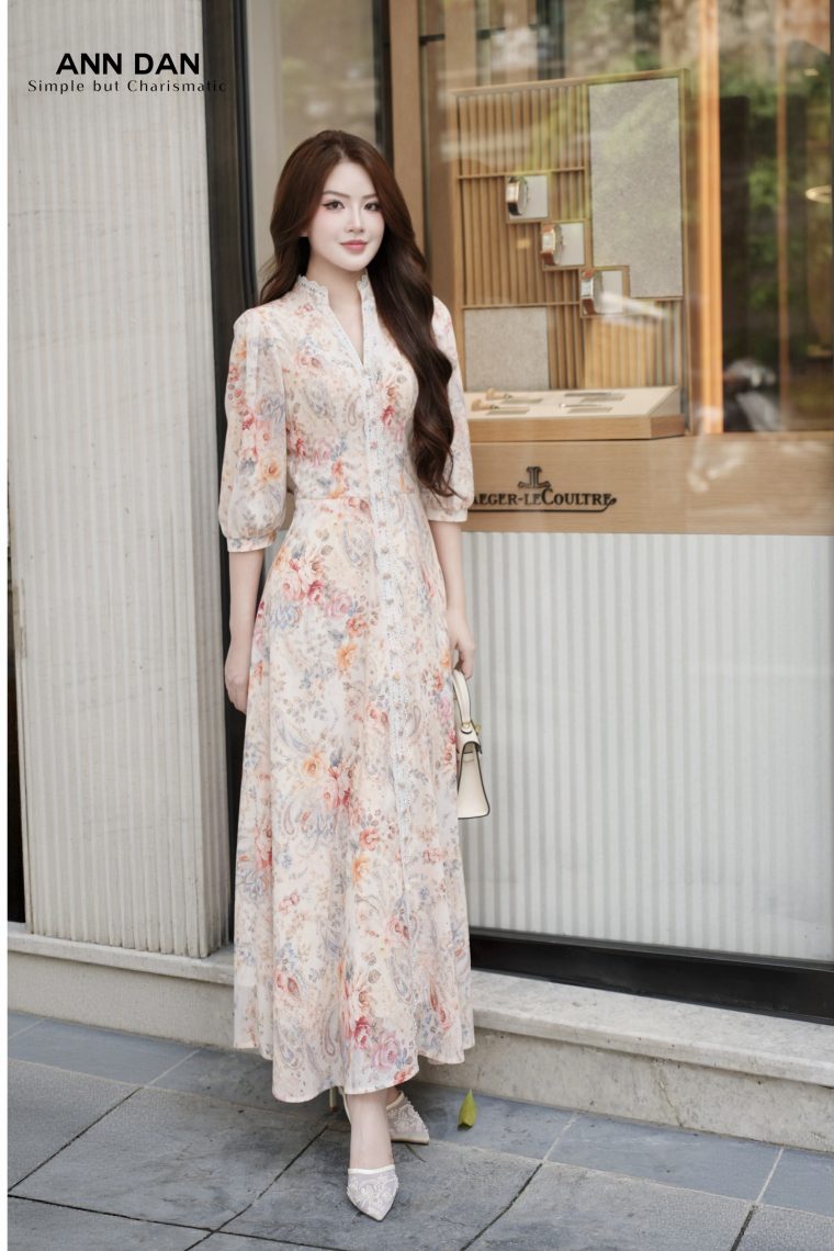 Đầm silk Nhật mịn nẹp ren cúc bọc 7