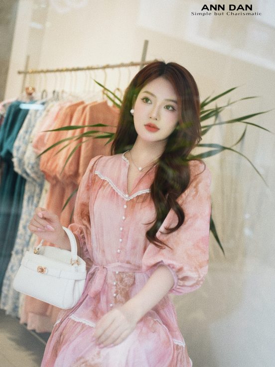 Đầm tơ hoa hồng phối ren - XXL