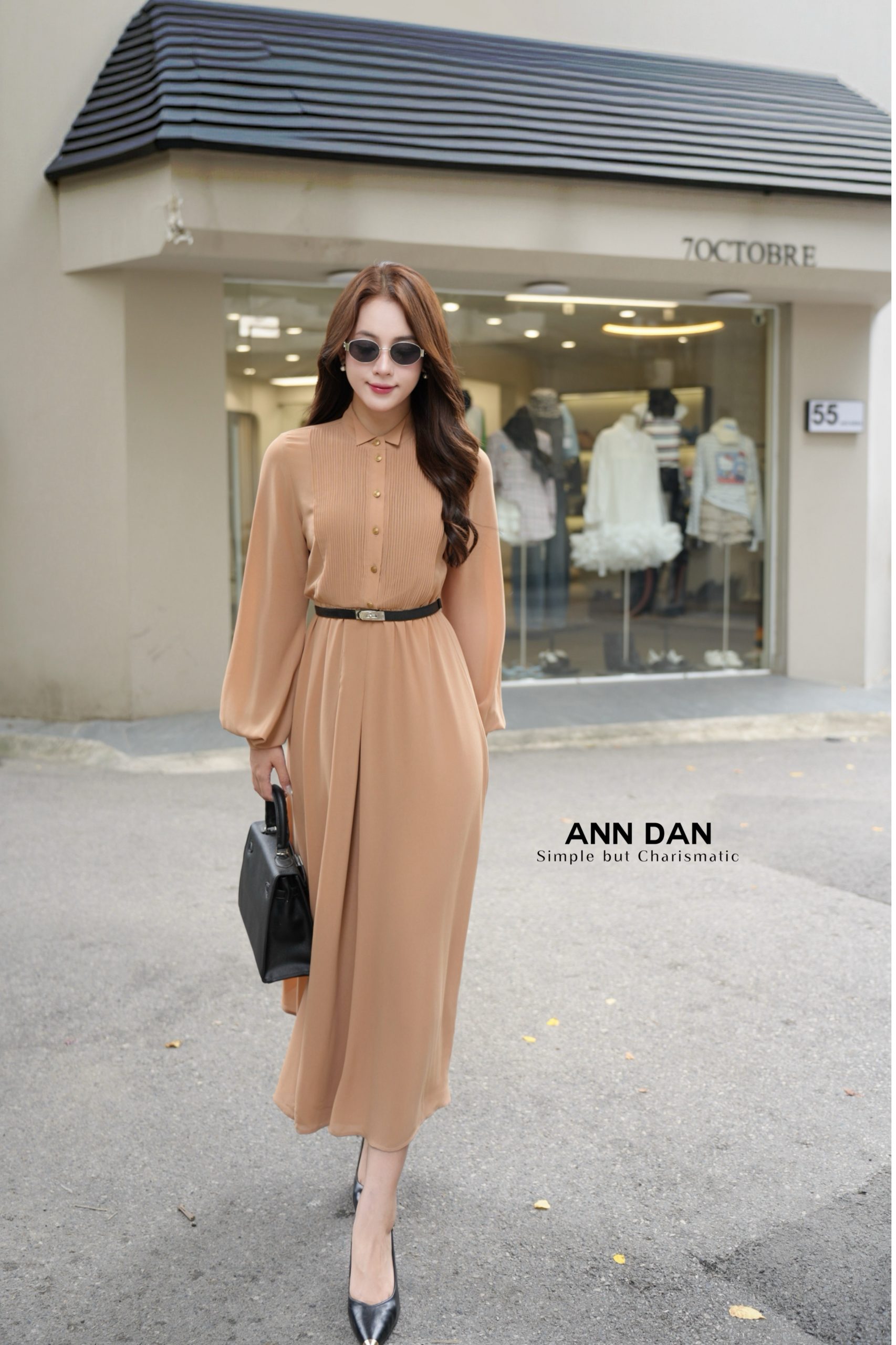 Đầm chiffon Nhật cúc đồng ly ngực cổ bẻ