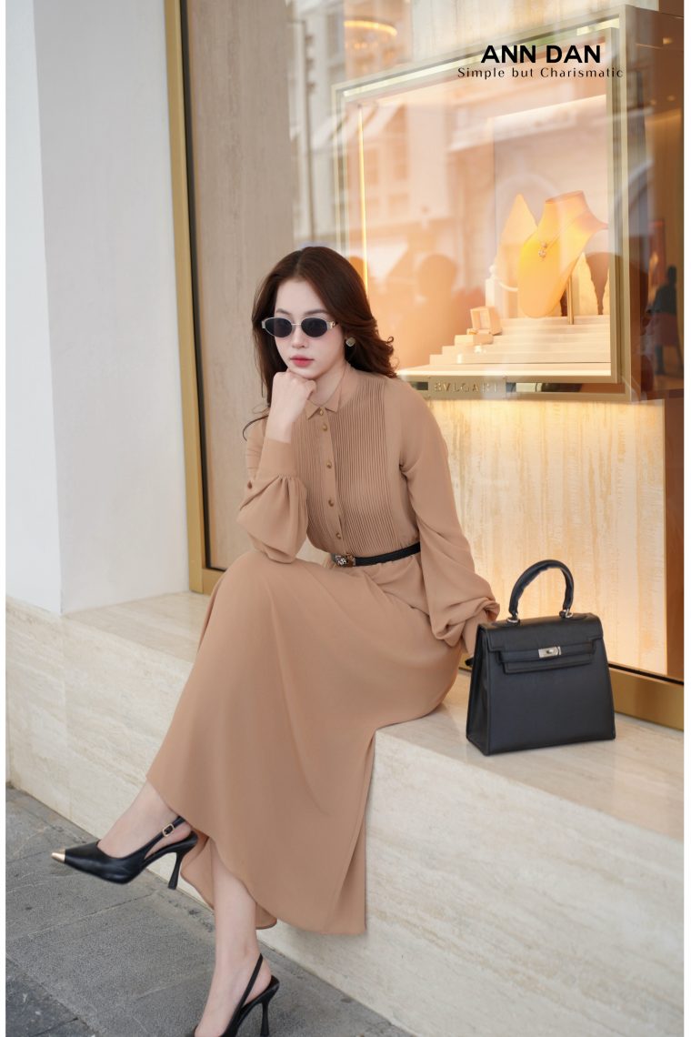 Đầm chifon Nhật cúc đồng ly ngực cổ bẻ 1