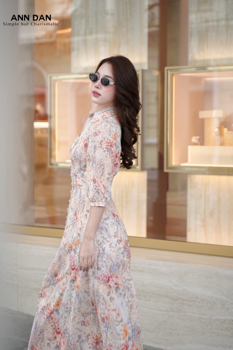 Đầm silk Nhật mịn nẹp ren cúc bọc