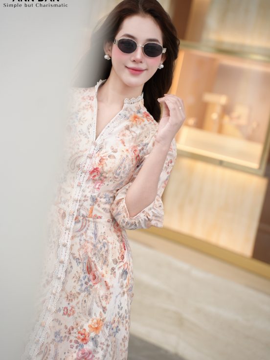 Đầm silk Nhật mịn nẹp ren cúc bọc 1