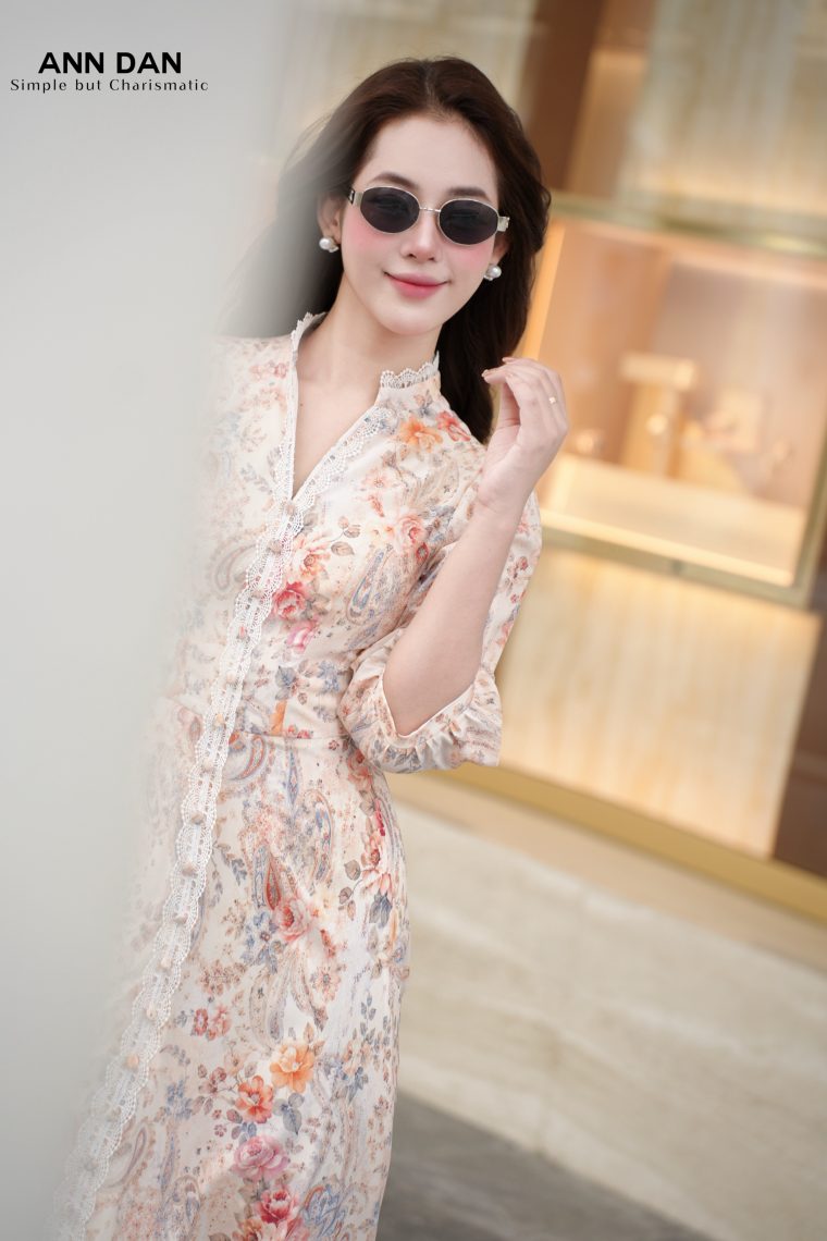 Đầm silk Nhật mịn nẹp ren cúc bọc 1