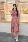 Lụa tơ xước hoa đỏ nhún cổ chun eo - X