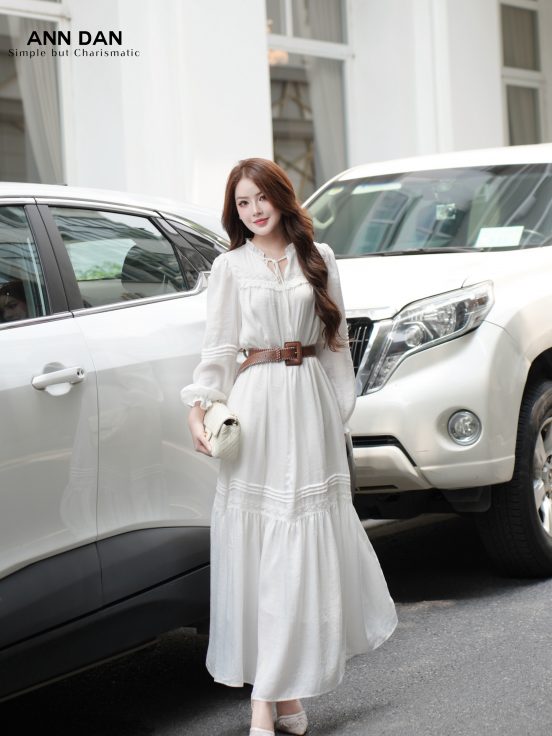 Đầm lụa nhung cổ bèo phối ren kèm đai -1