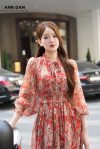 Lụa tơ xước hoa đỏ nhún cổ chun eo - XXLa